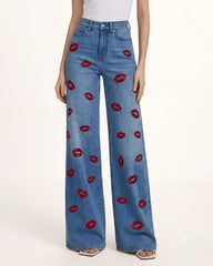 The Temptation Red Lips Rhinestone Jeans - Ocean Blue