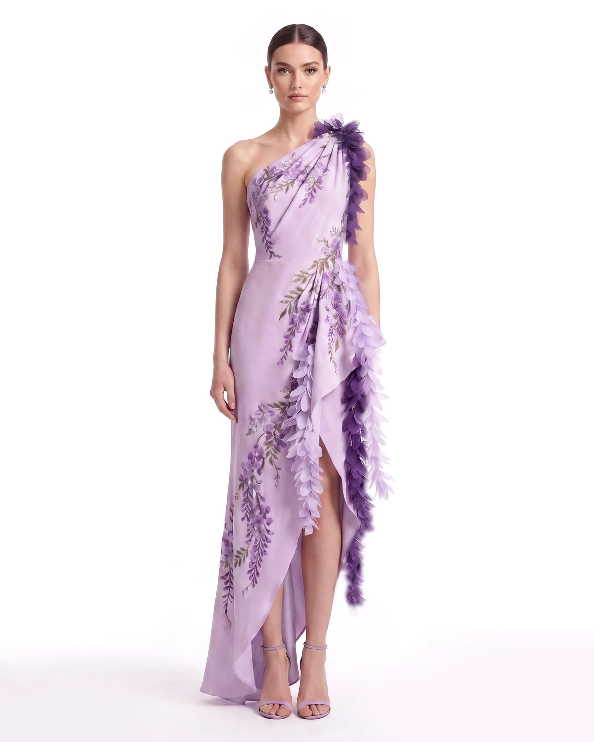 Wisteria Petal Cascade One-Shoulder Maxi Dress - Lavender