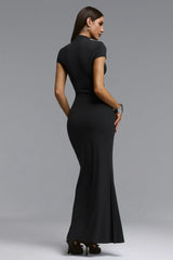 Saturn Chic Contour Short Sleeve Zipper Front Cut Out Knit Maxi Dress