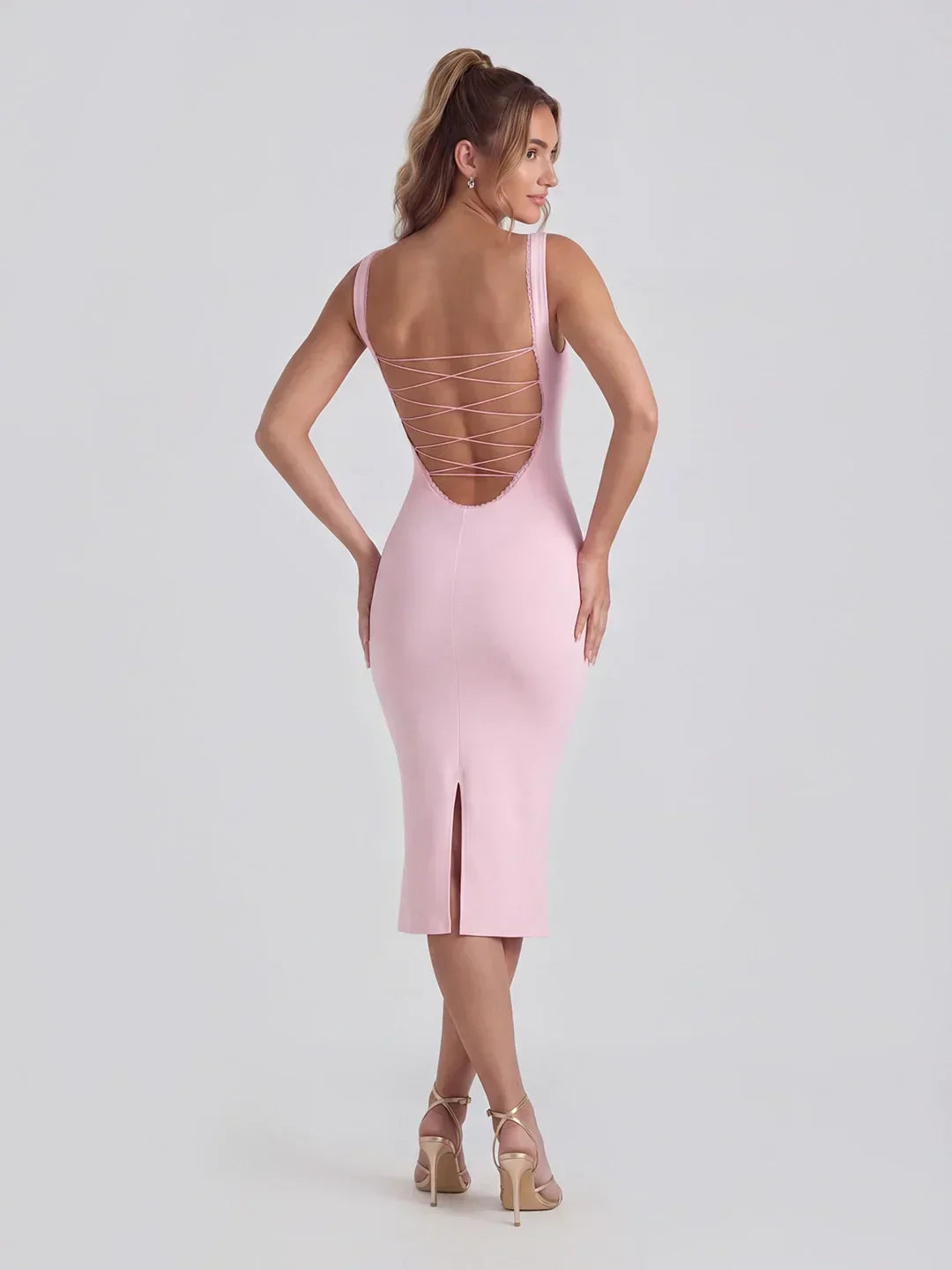 Lace Trimmed Backless Midi Dress