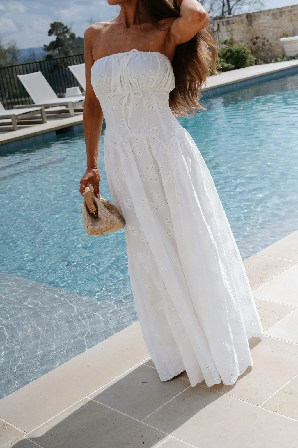 Eyelet Strapless Maxi Dress-Off White