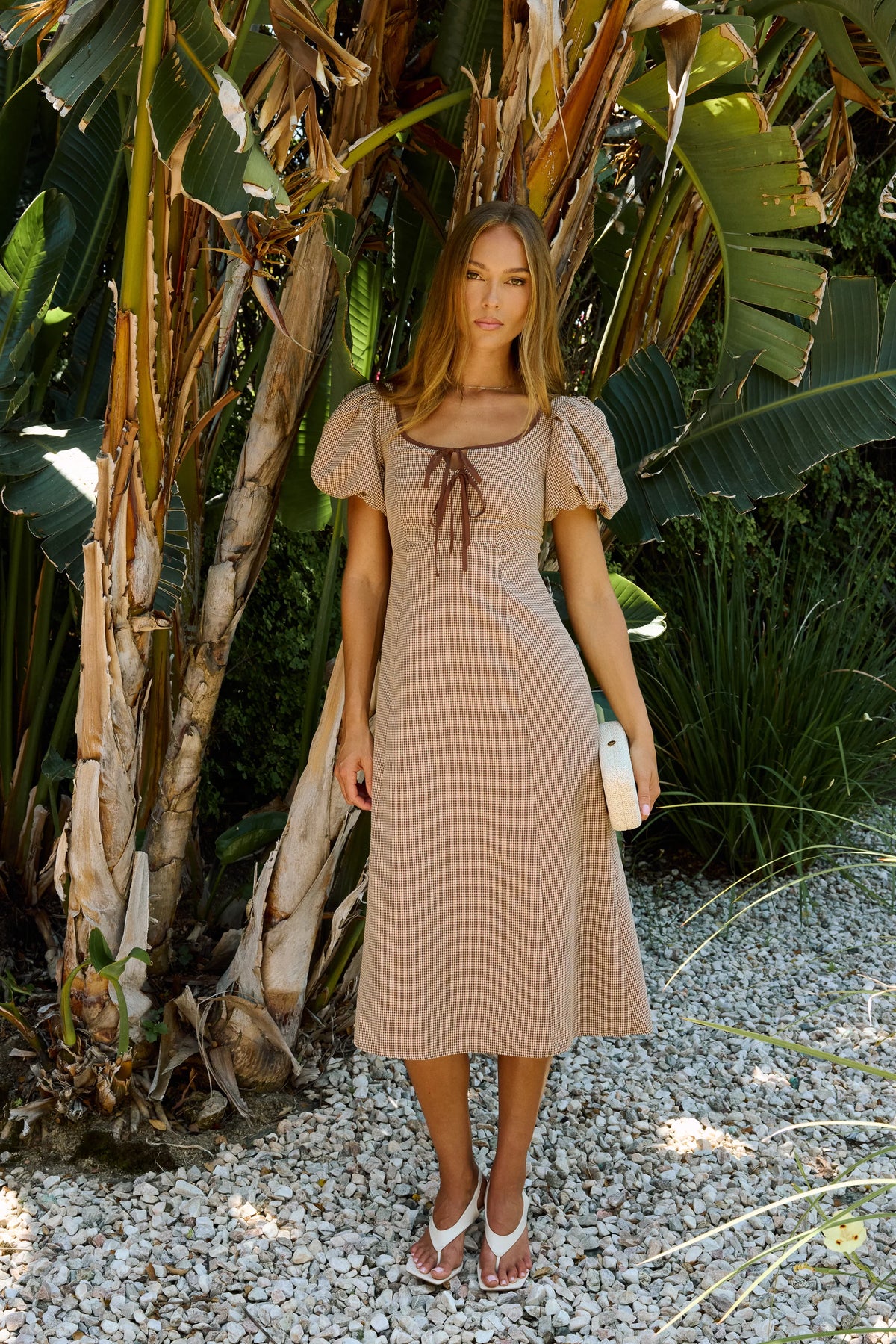 Elle Gingham Midi Dress in Tan