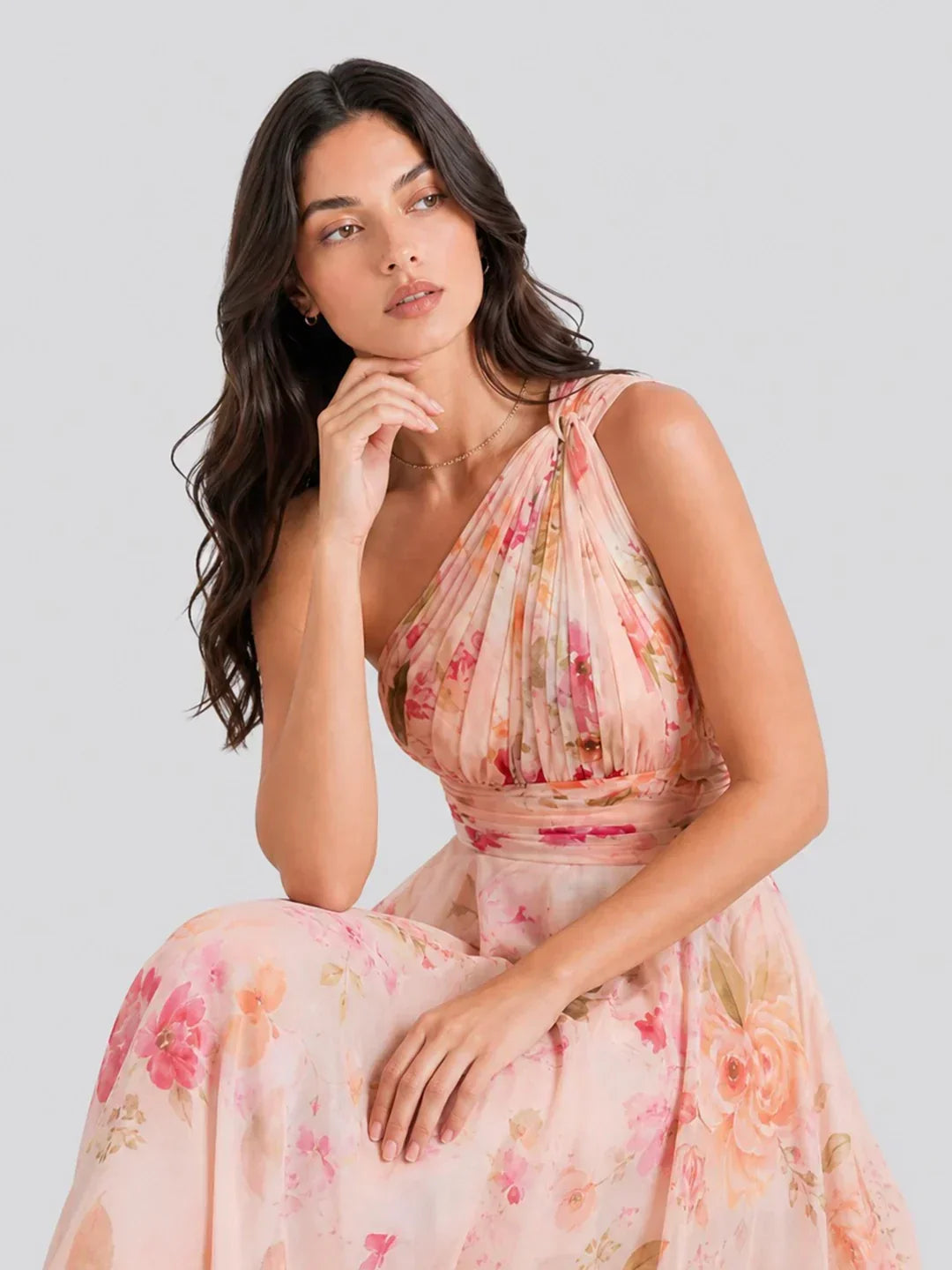 Bouquet Floral A-Line One Shoulder Chiffon Dress