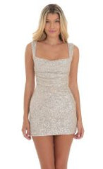 Silver Sequin Butterfly Open Back Dress in Beige