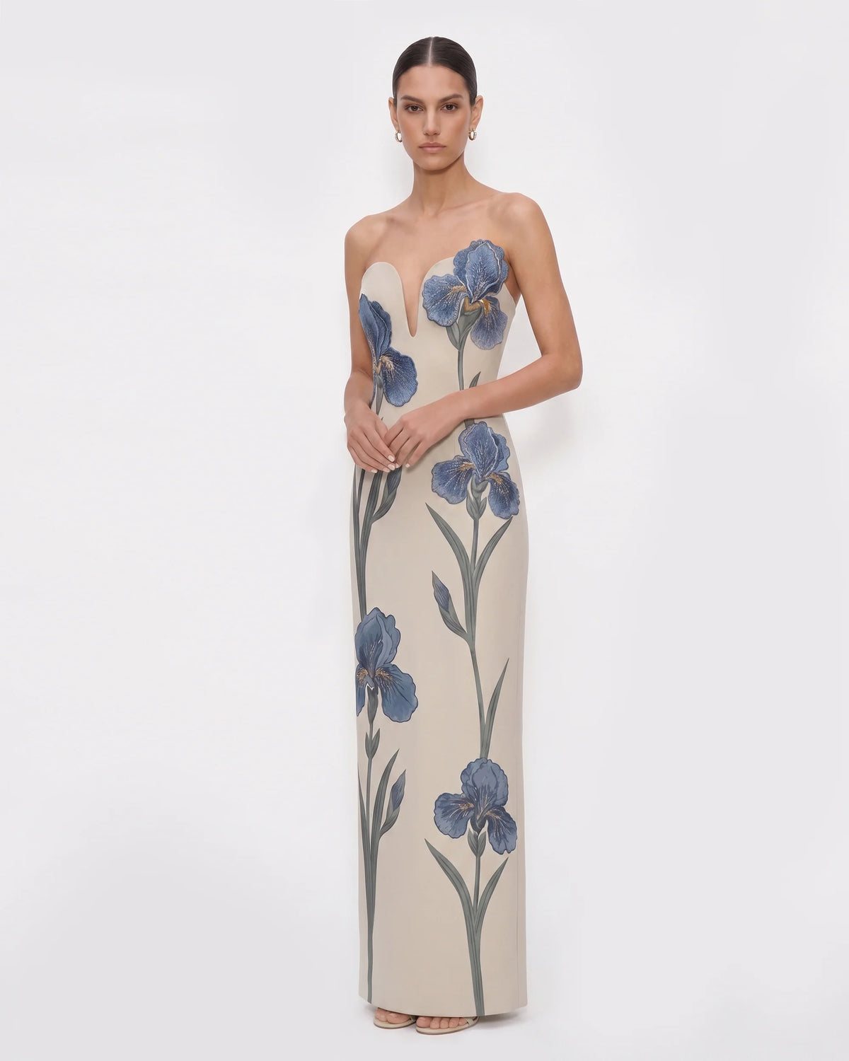 Iris Embroidered Notch Neck Strapless Maxi Dress - Light Beige