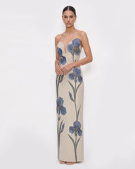 Iris Embroidered Notch Neck Strapless Maxi Dress - Light Beige