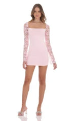 Floral Lace Long Sleeve Dress in Pink