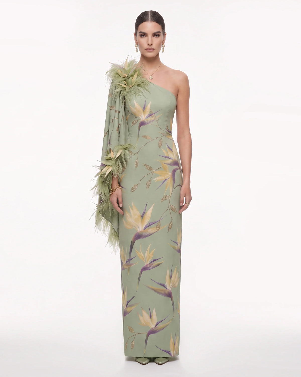 Bird of Paradise Feather-Trim One-Shoulder Maxi Dress - Green