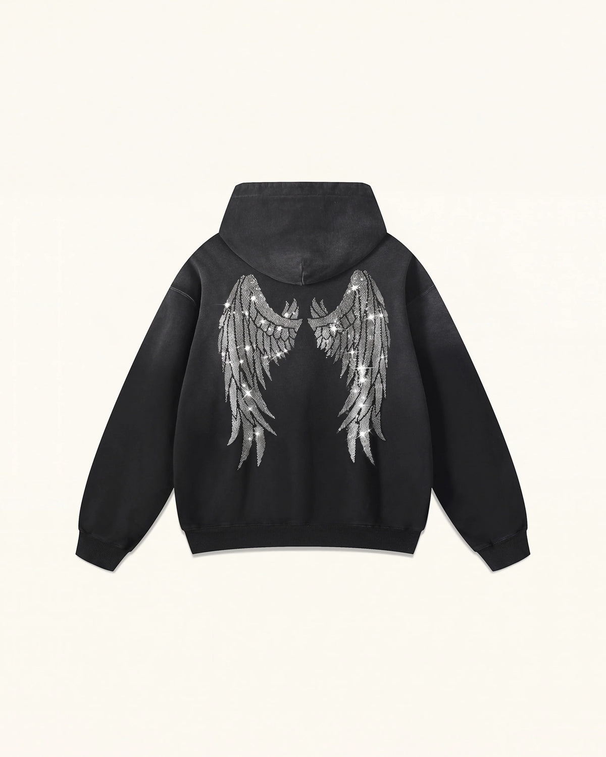 The Seraphic Crystal Feather Wing Hoodie - Washed Black