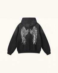 The Seraphic Crystal Feather Wing Hoodie - Washed Black