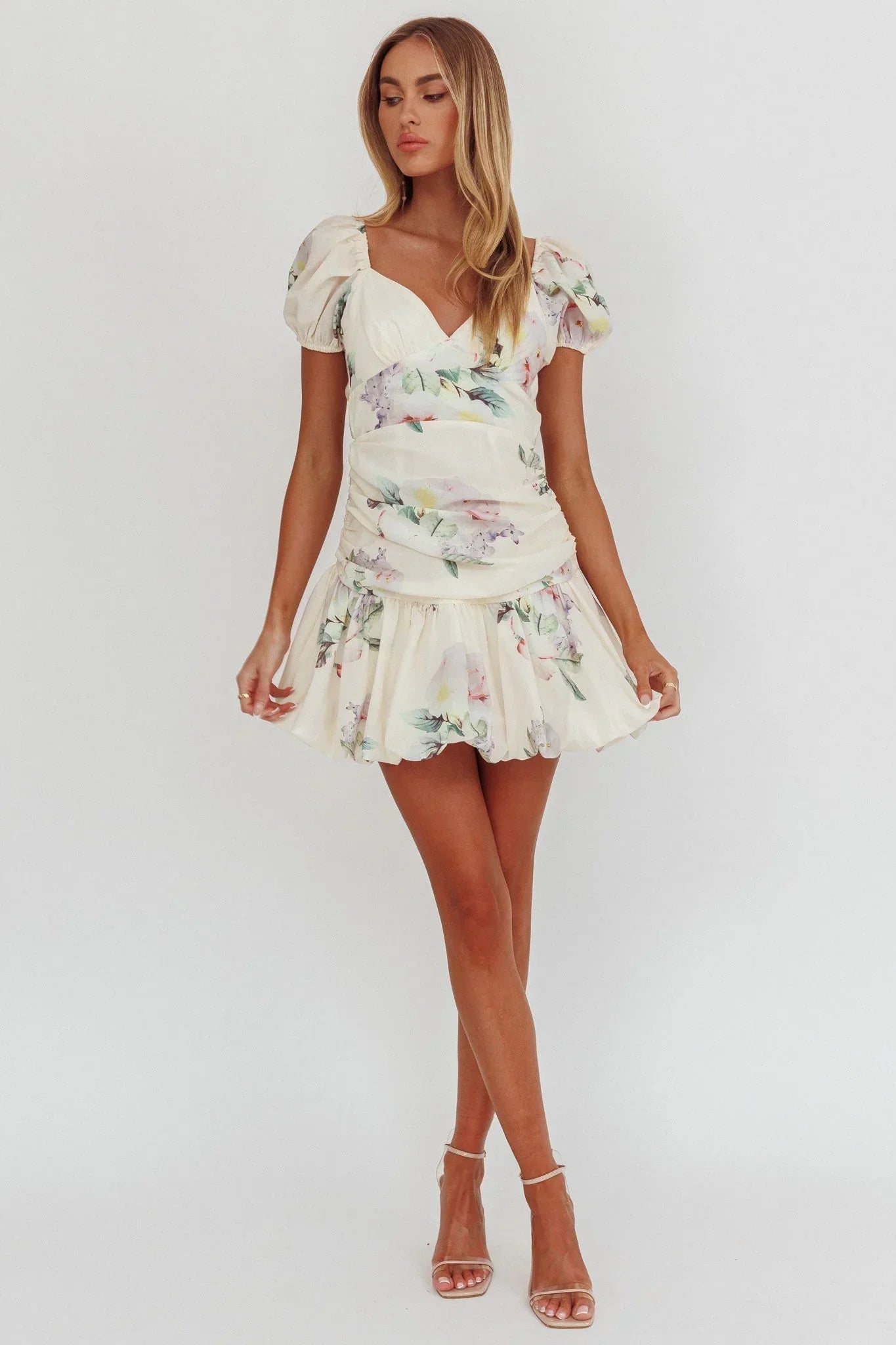 Annabella Puff Sleeve Tied Back Mini Dress Floral Butter