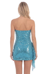 Sequin Side Ruched Strapless Dress in Aqua