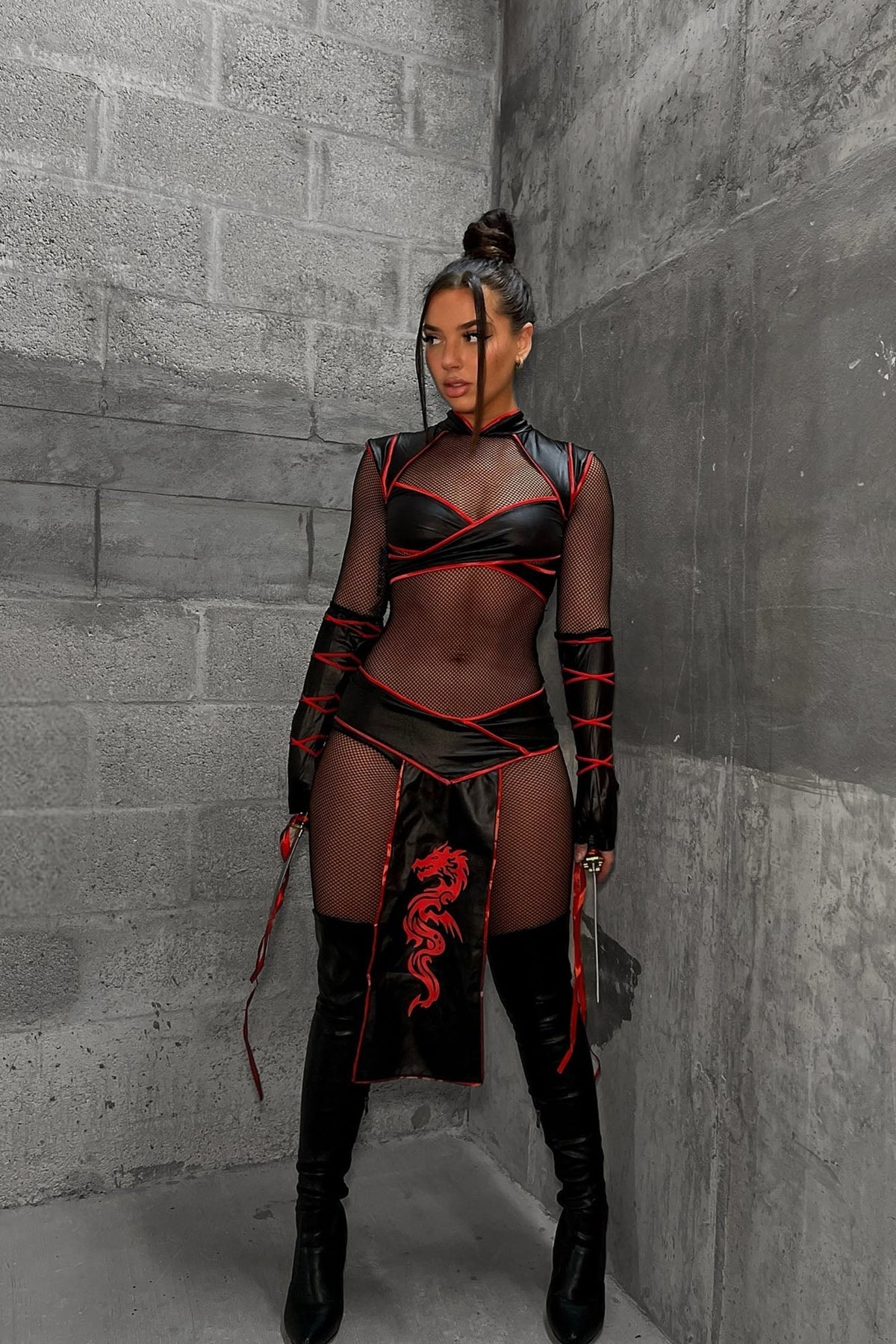 Sexy Stealth Ninja 5 Piece Costume - Black/Red