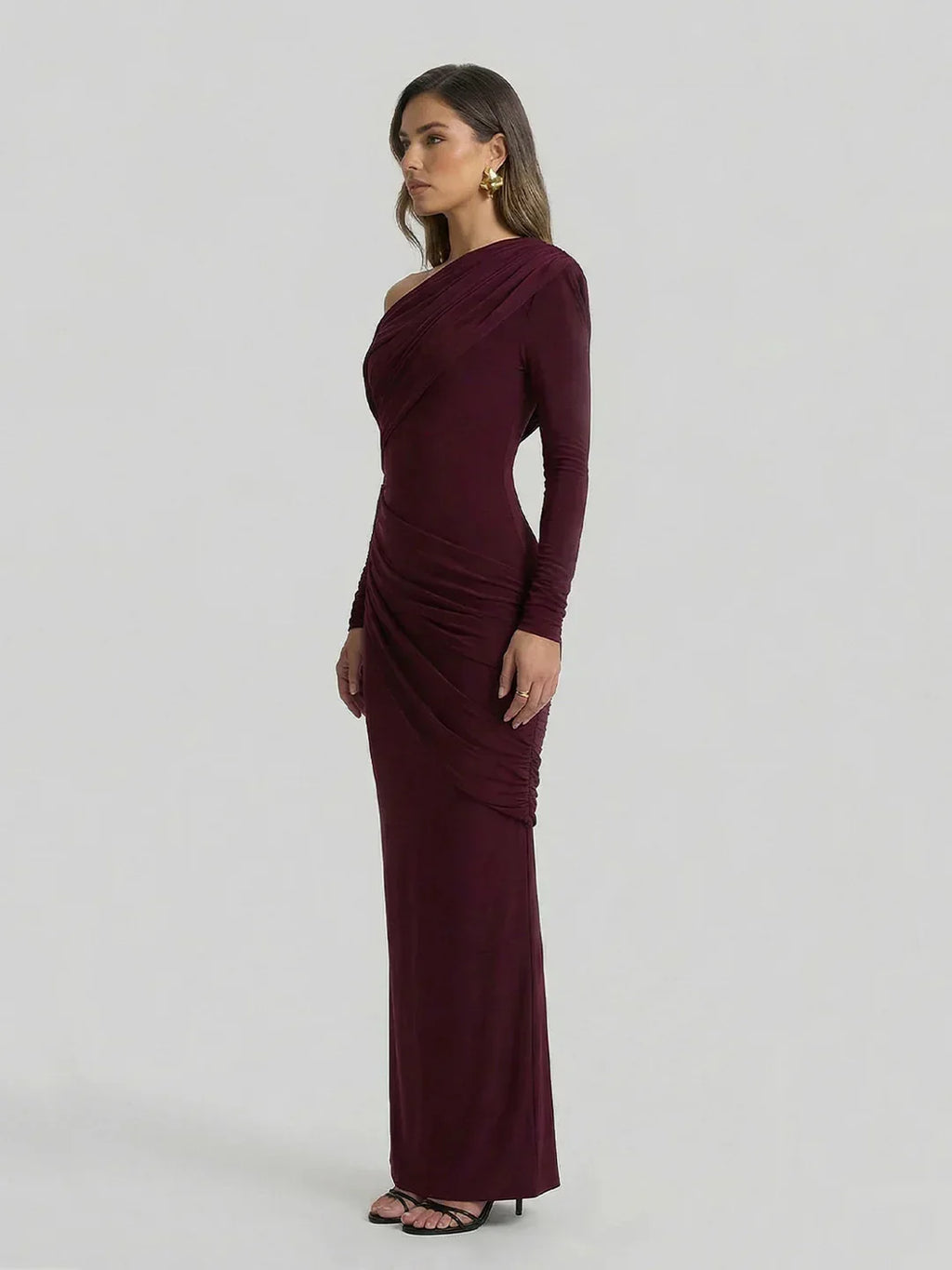 Asymmetric-Neck Maxi Dress With Ruched Detailing