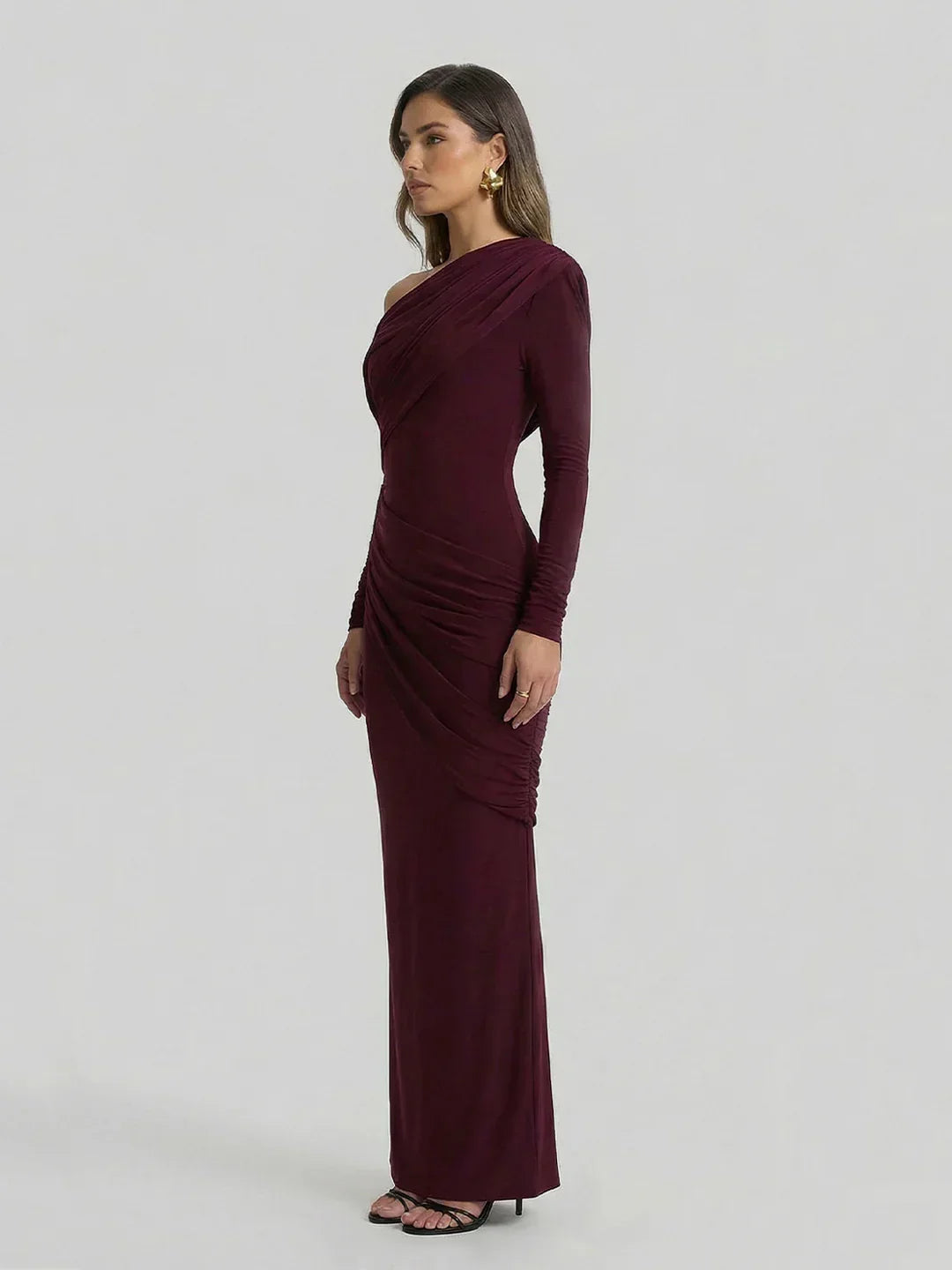 Asymmetric-Neck Maxi Dress With Ruched Detailing