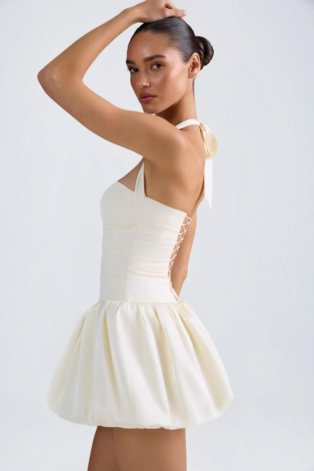 Halterneck Lace-Up Bubble Hem Corset Micro Mini Dress In Ivory