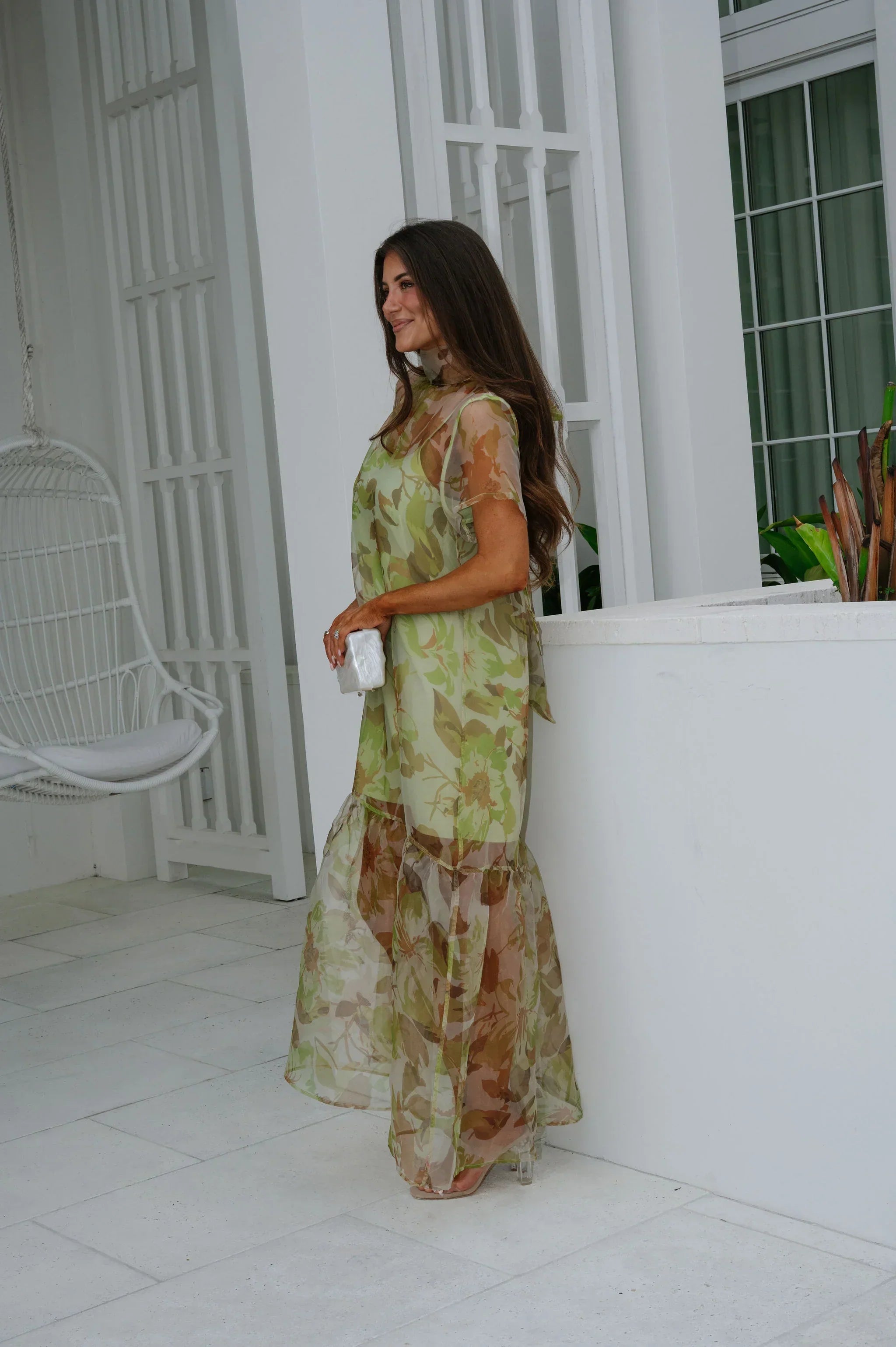 Josie Floral Organza Maxi Dress-Green Multi