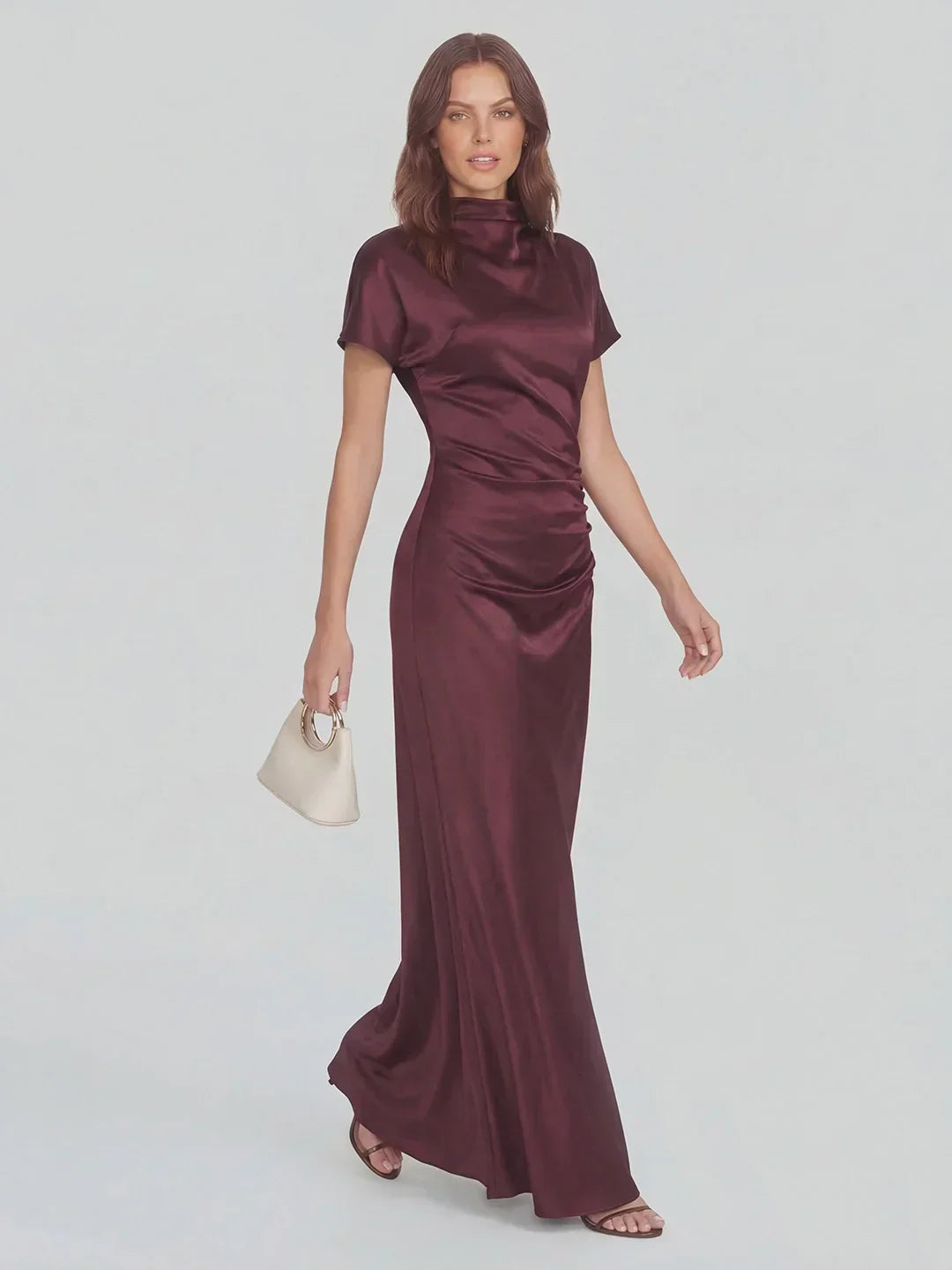 High Boat Neck Stain Maxi Dress With Ruched Detailing