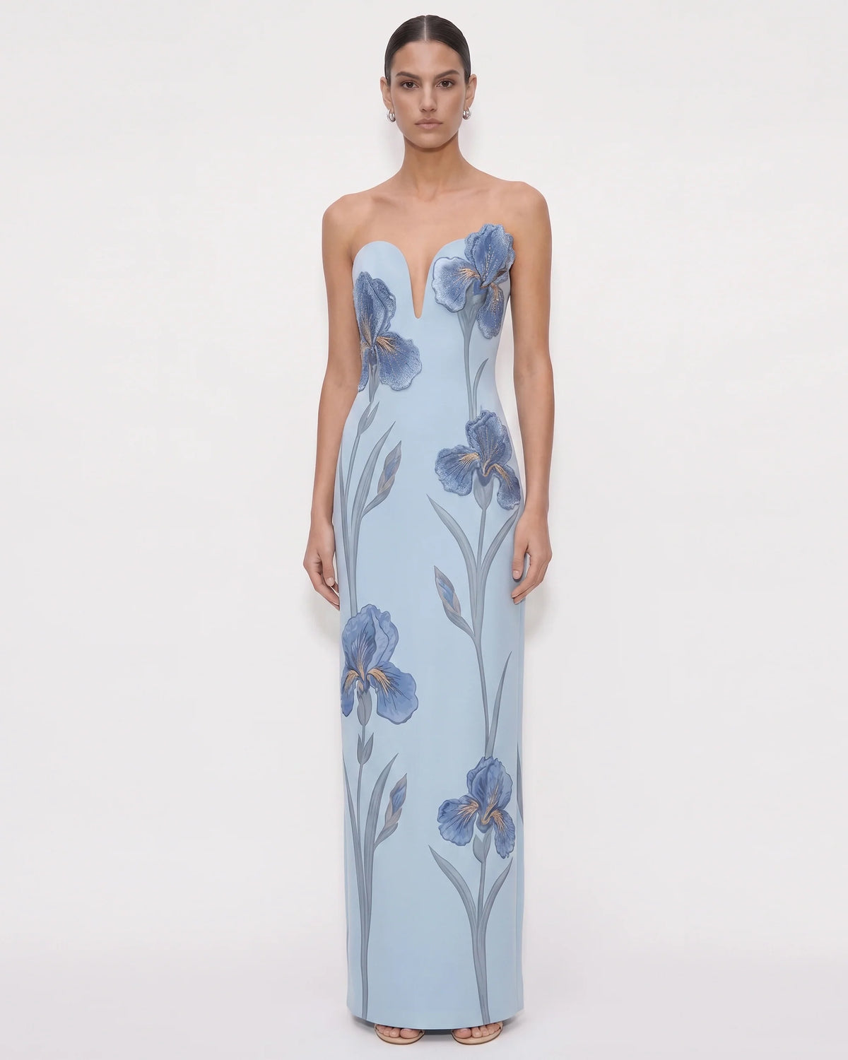 Iris Embroidered Notch Neck Strapless Maxi Dress - Light Blue