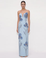 Iris Embroidered Notch Neck Strapless Maxi Dress - Light Blue