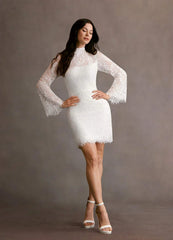 Diamond White Sheath High Neck Lace Dress