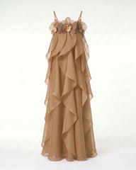 Orchid Embroidered Organza Maxi Dress - Light Brown