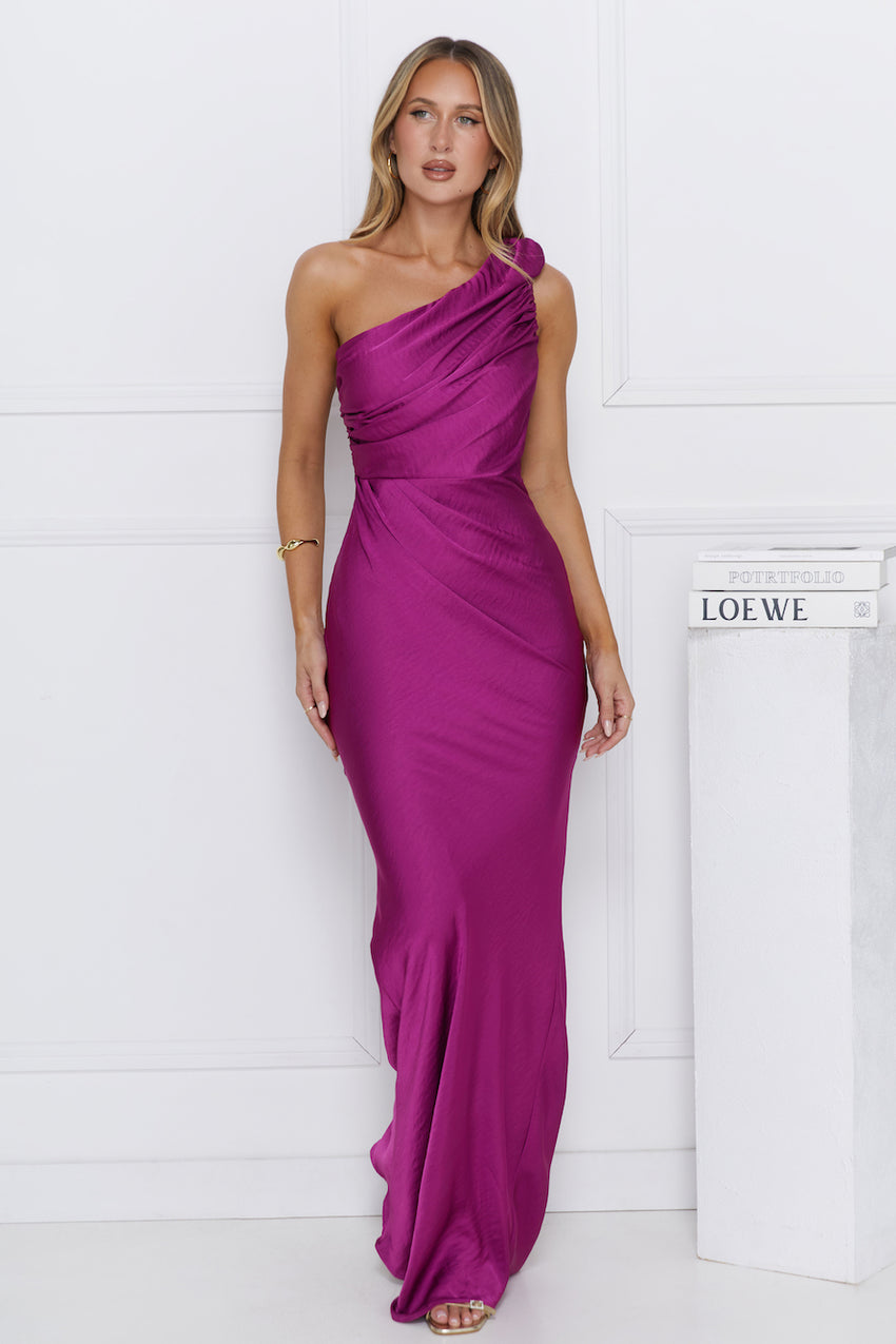 Chase Your Power One Shoulder Satin Maxi Dress Berry