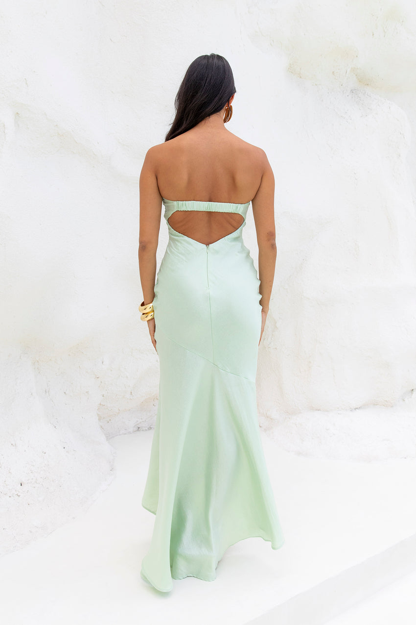 Heritage Strapless Satin Maxi Dress Sage