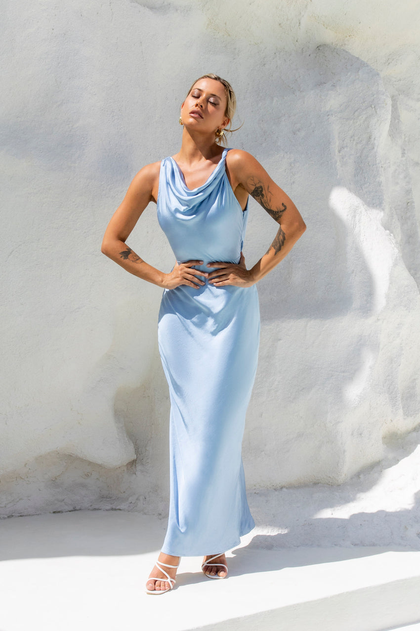 Moonlit Palms Satin Maxi Dress Blue