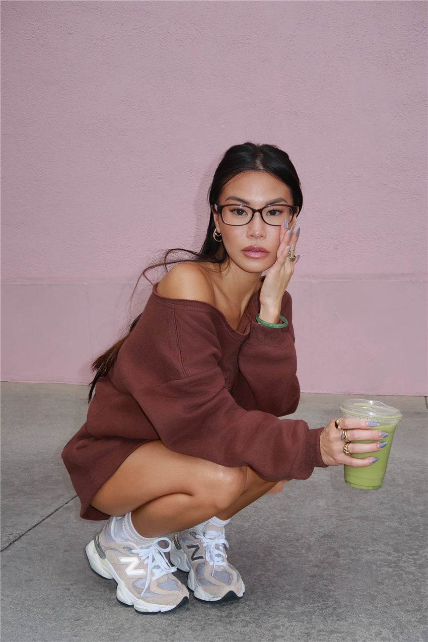 BASE Fleece Off Shoulder Sweatshirt Brown