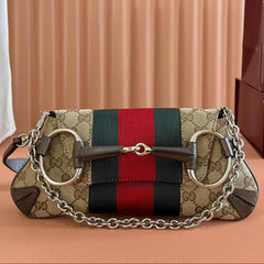 Gucci 2026 Horsebit Chain Shoulder Bag 27cm Beige Red Green Canvas Leather