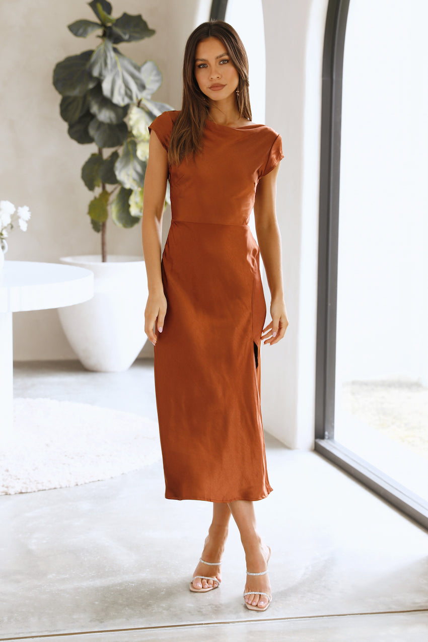 Get In Formation Satin Midi Dress Brown