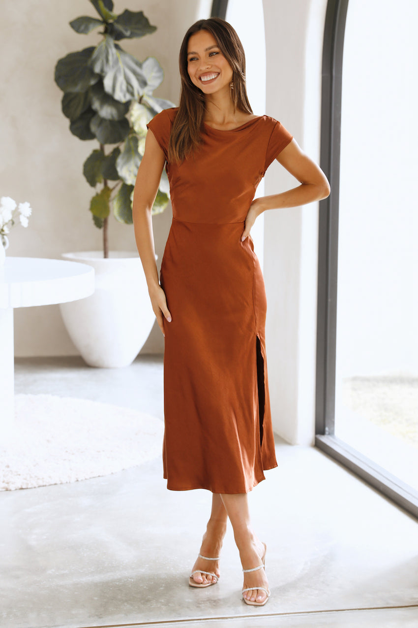 Get In Formation Satin Midi Dress Brown