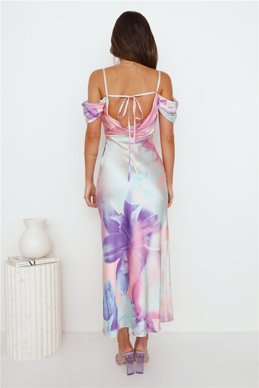 Like And Comment Satin Maxi Dress Print
