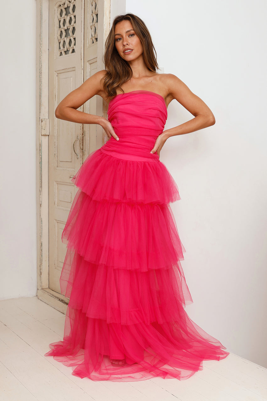 Hidden Opal Strapless Tulle Maxi Dress Hot Pink