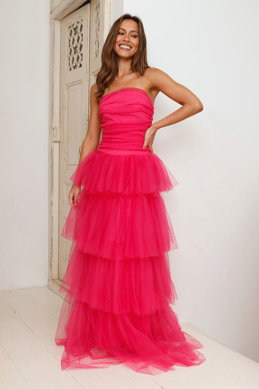 Hidden Opal Strapless Tulle Maxi Dress Hot Pink