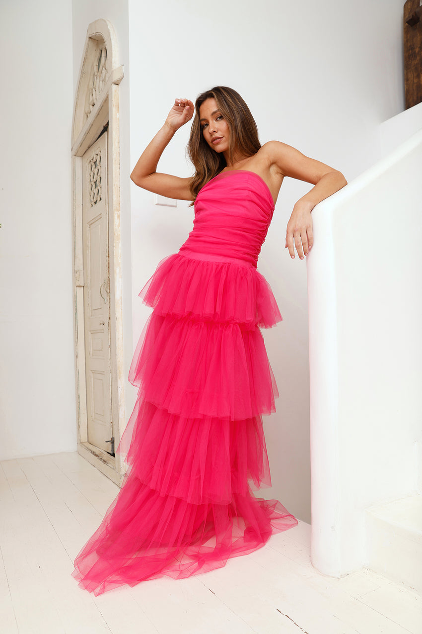 Hidden Opal Strapless Tulle Maxi Dress Hot Pink