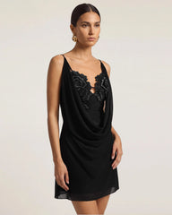 Flower Embroidered Cowl Neck Mini Dress - Black