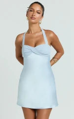 Flynn Mini Dress - Satin Halter Sweetheart Neck Dress in Blue