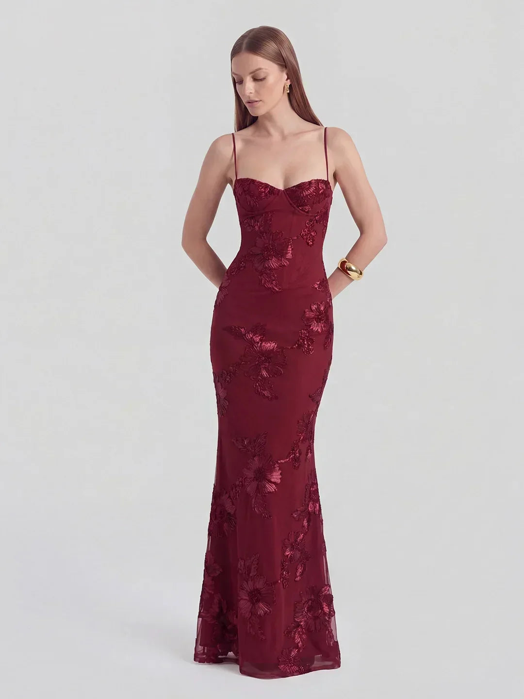 3D Floral-Embellished Corset Gown