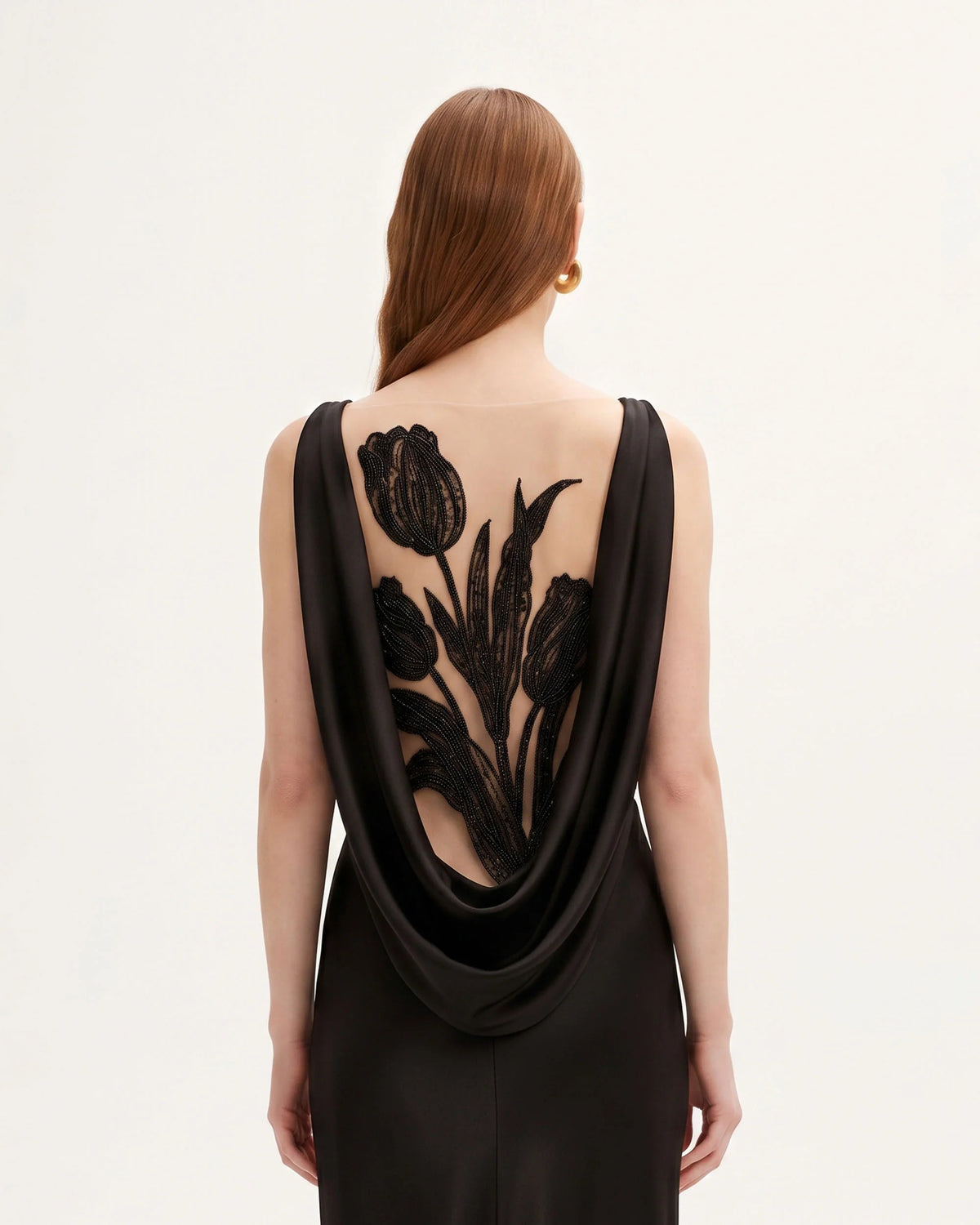 Tulip Appliqué Cowl-Back Satin Column Maxi Dress - Black