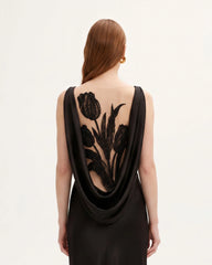 Tulip Appliqué Cowl-Back Satin Column Maxi Dress - Black