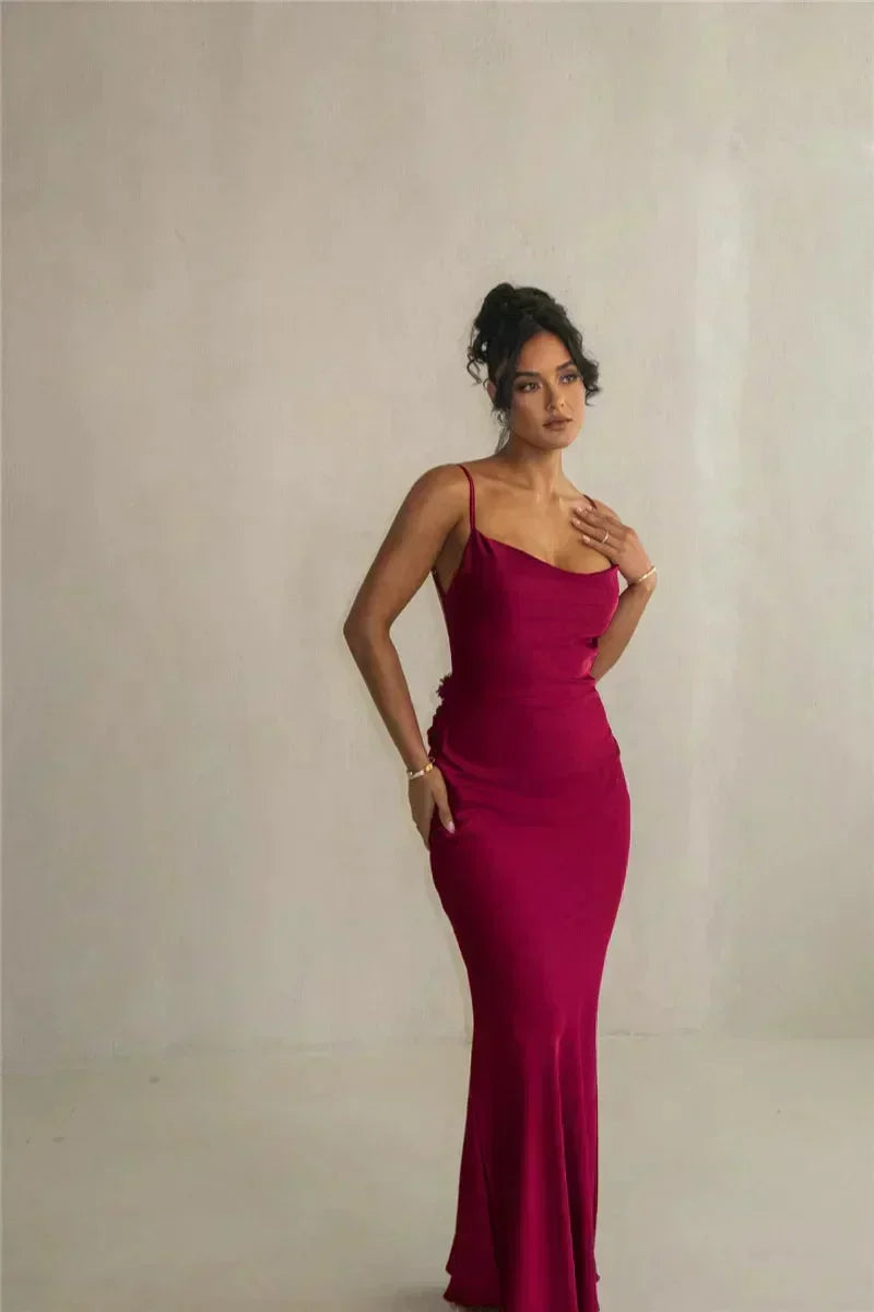 Cassiane - Satin Maxi Dress With Flower Patchwork
