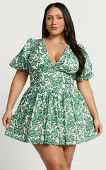 Nelli Mini Dress - Short Puff Sleeve Shirred Back Dress in Green Silhouette