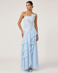 Orchid Embroidered Strapless Layered Maxi Dress - Light Blue