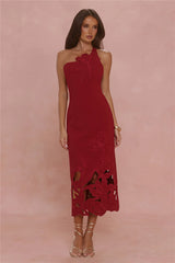 Style Expression One Shoulder Embroidered Midi Dress Deep Cherry Red