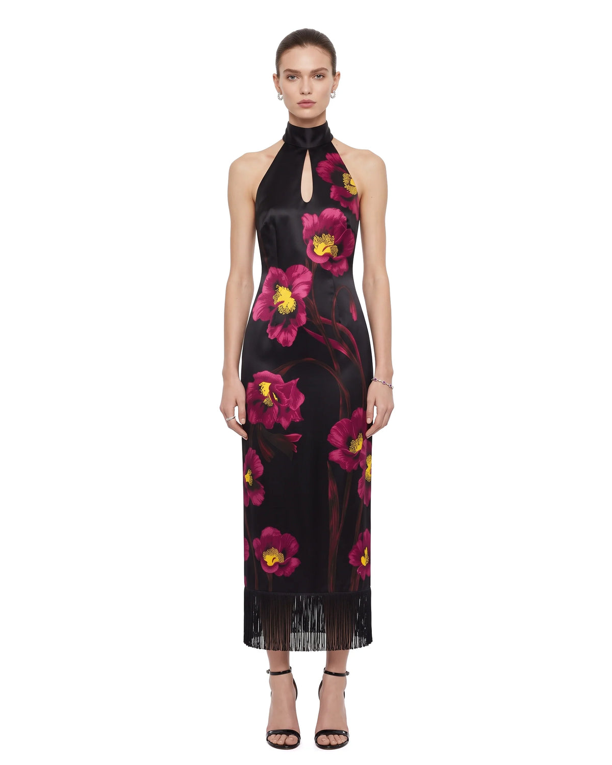 The Cheongsam-Reimagined Floral Print Keyhole Fringe Midi Dress - Black