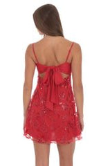 Sequin Embroidered Floral Babydoll Dress in Red