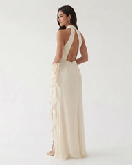 Halter Ruffle Rosette Slit Maxi Dress - Ivory