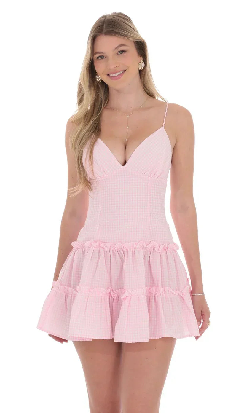Gingham V-Neck Dress In Pink